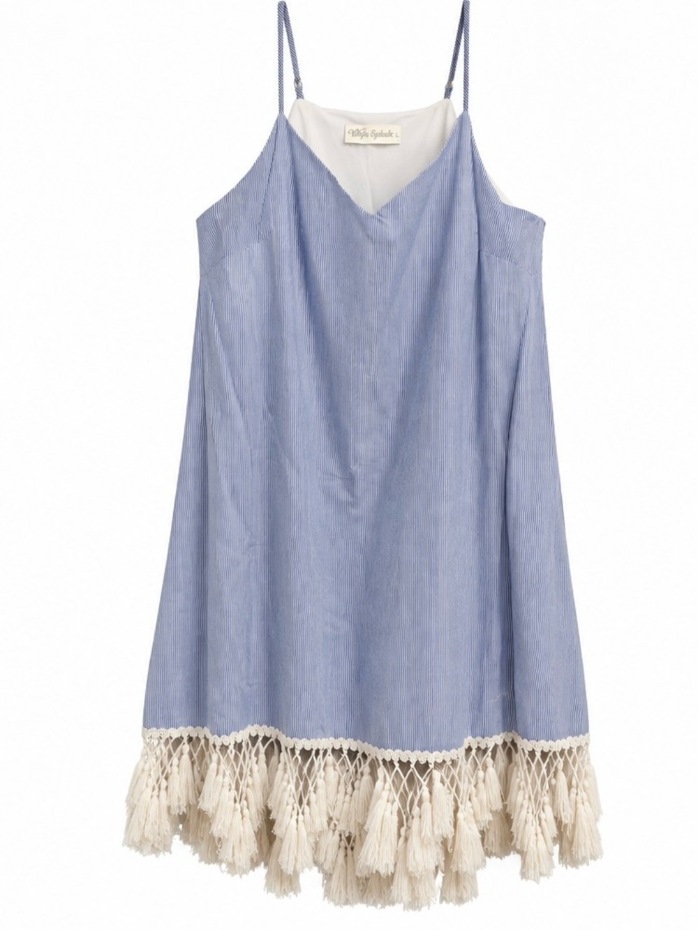 Whyte Eyelash Blue Pinstripe Tassel Fringe Mini Dress L